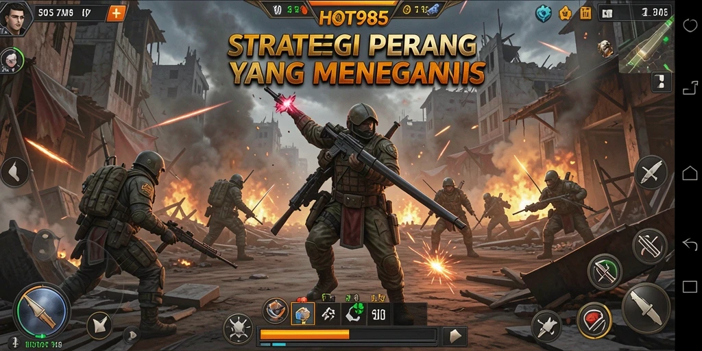 Screenshot menunjukkan pertarungan epik dalam gameplay SLG HOT985.