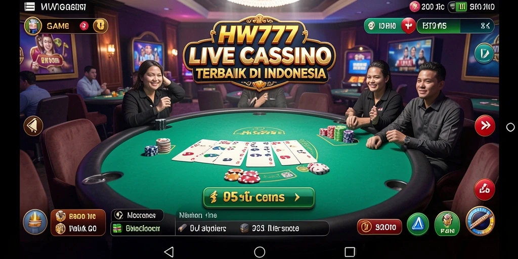 Screenshot HW777 menampilkan dealer cantik dengan meja permainan Live Casino yang menawan.