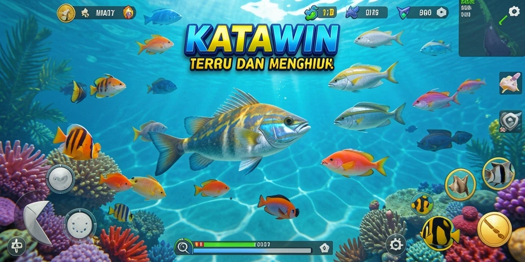 Screenshot KATAWIN menampilkan aksi seru dalam menembak ikan.