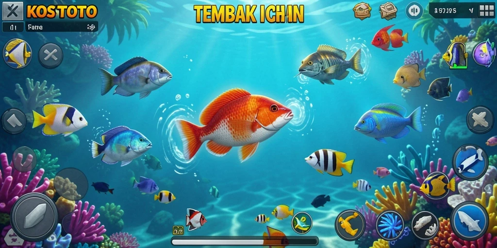 Screenshot gameplay KOSTOTO menampilkan aksi seru menembak ikan.