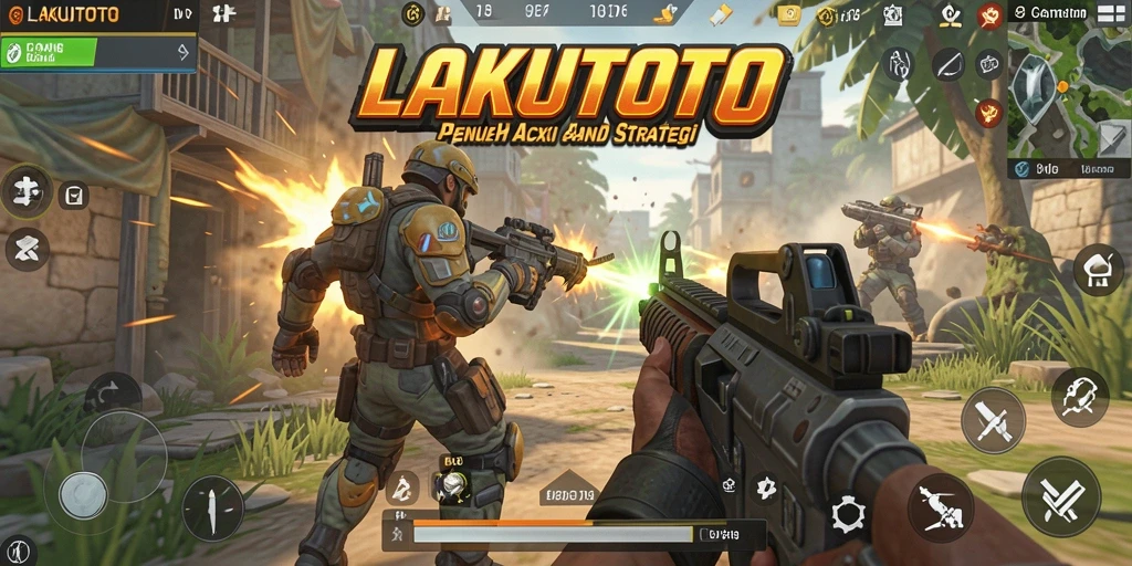 Screenshot utama LAKUTOTO menampilkan aksi tembak-menembak yang menegangkan.
