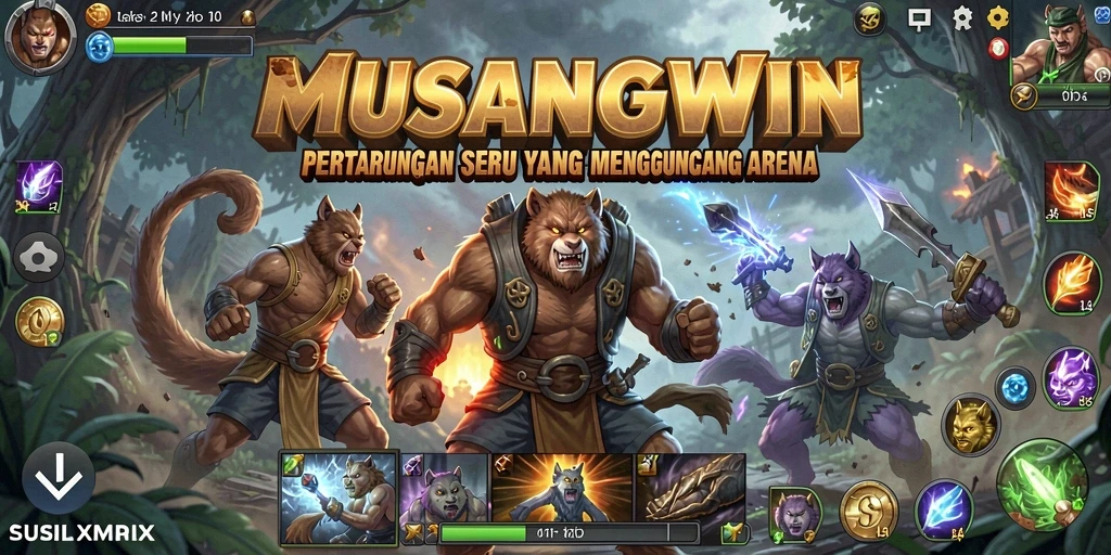 Screenshot MUSANGWIN menunjukkan pertarungan seru antar karakter dengan grafis memukau.