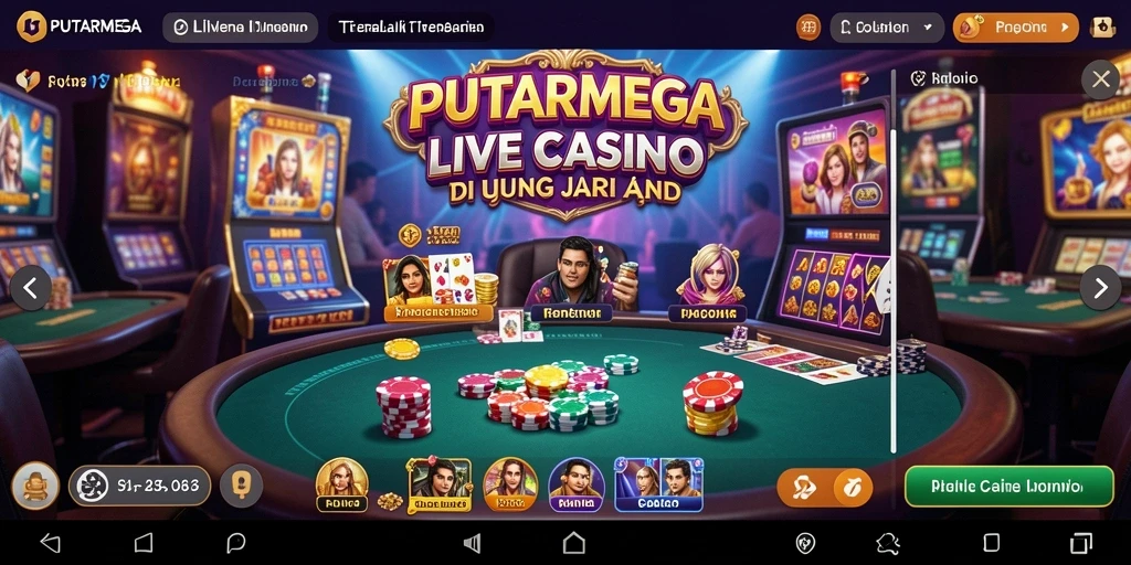 Screenshot gameplay PUTARMEGA menampilkan dealer langsung di meja permainan kasino.