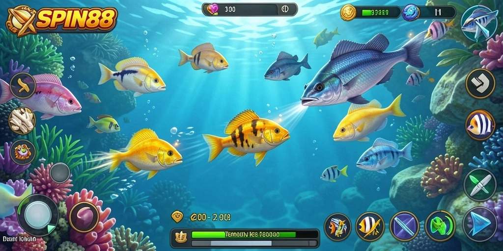Tampilan gameplay SPIN88 yang menarik dengan ikan berwarna-warni.