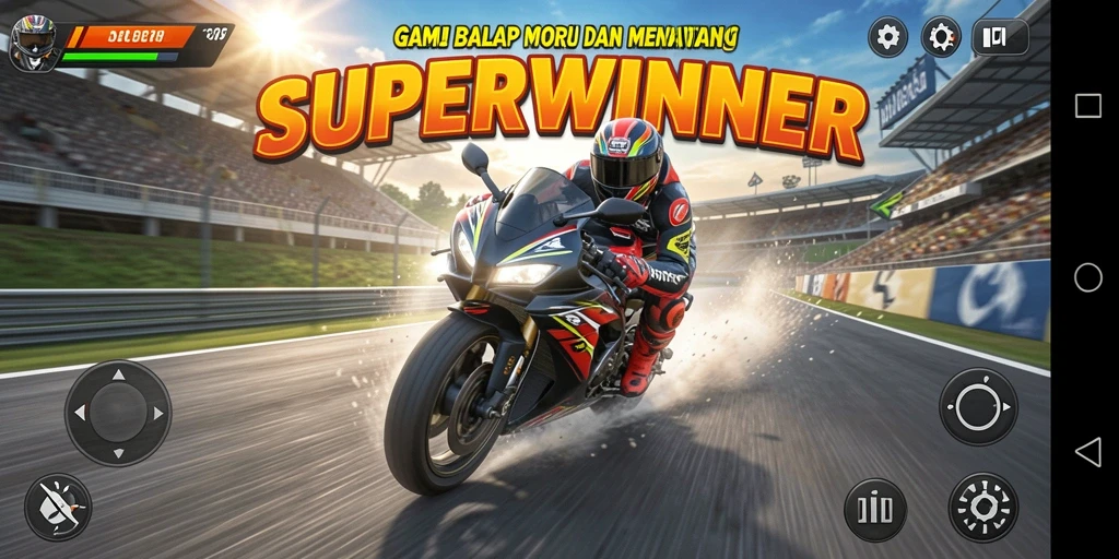 Tampilan gameplay menegangkan dari SUPERWINNER saat balapan motor.