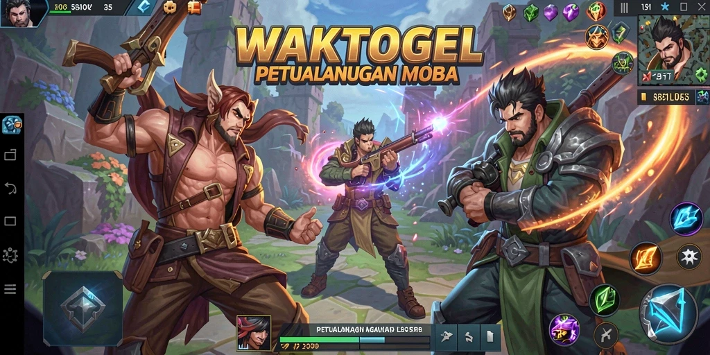 Tampilan gameplay seru dalam WAKTOGEL dengan pertarungan MOBA yang mendebarkan.